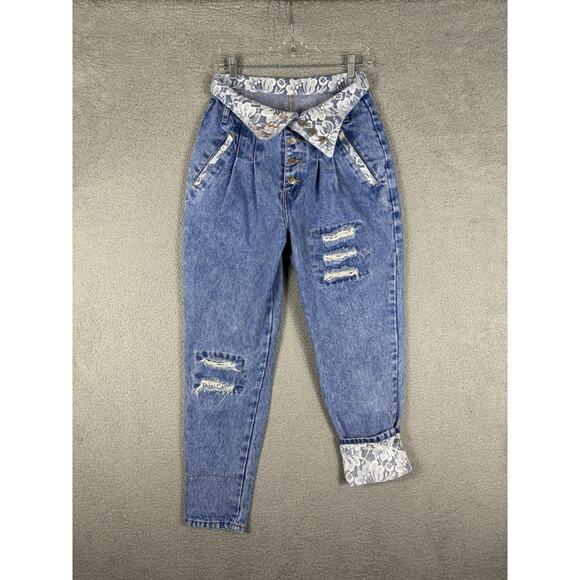 Vtg Traffic Jeans Women’s 11/12 26x28 Blue Lace Trim Fold Over Waist Cuffed - Picture 1 of 10